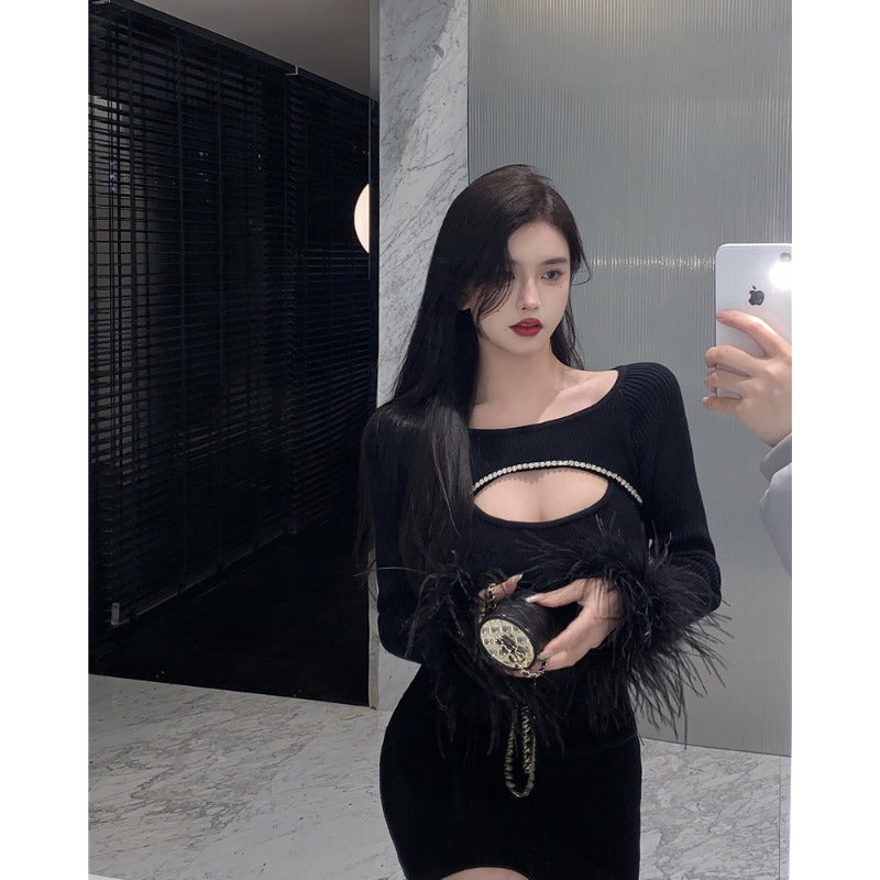 Black Party Dress With Ostrich Feather. You Will Look Stunning Women's-3