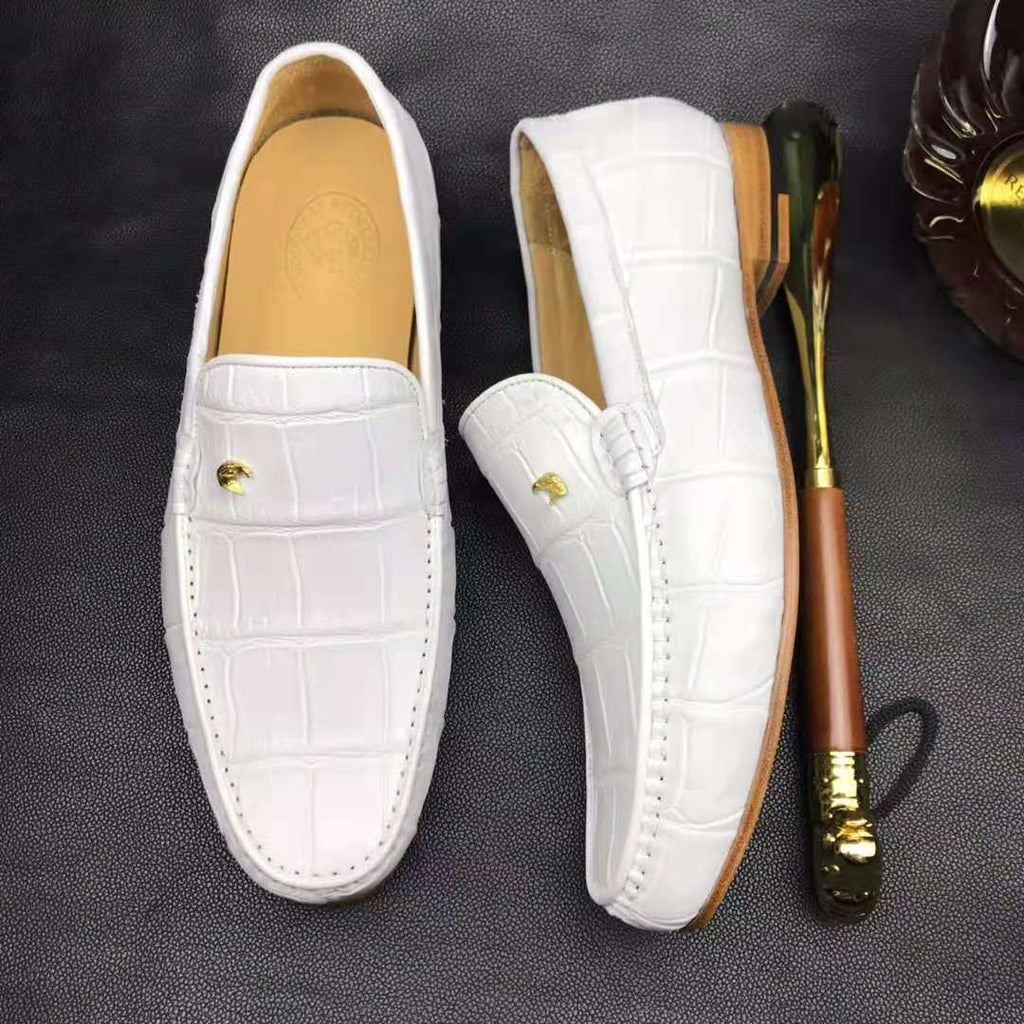 White Crocodile Leather Loafers Handmade Dress Shoes Men's-1