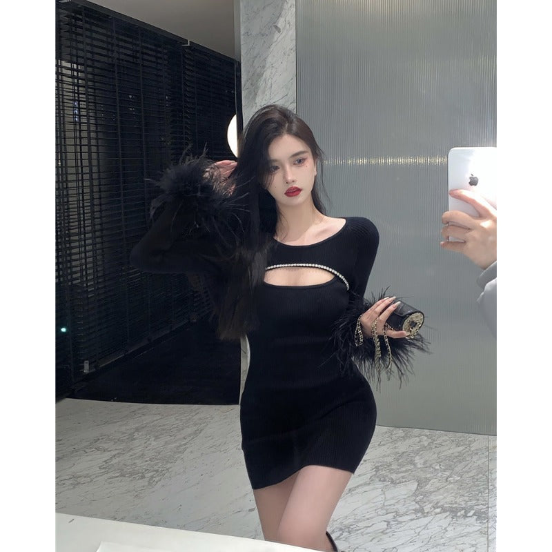 Black Party Dress With Ostrich Feather. You Will Look Stunning Women's-2