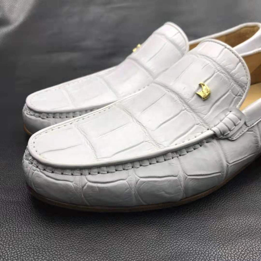White Crocodile Leather Loafers Handmade Dress Shoes Men's-4