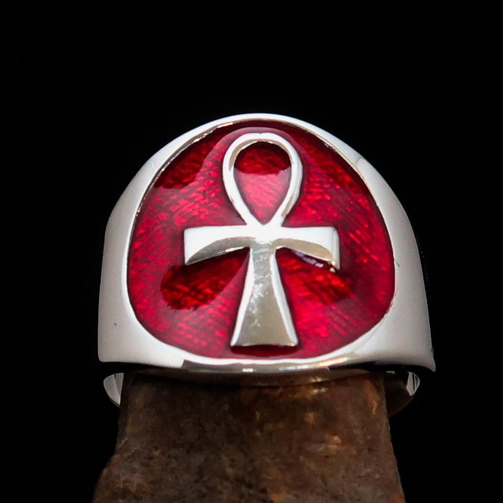 Excellent crafted Men's big red Egyptian Ankh Cross Ring - Sterling Silver