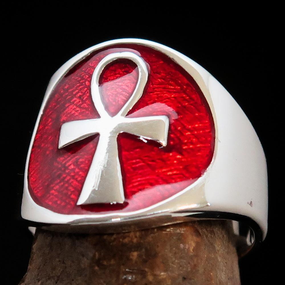 Excellent crafted Men's big red Egyptian Ankh Cross Ring - Sterling Silver