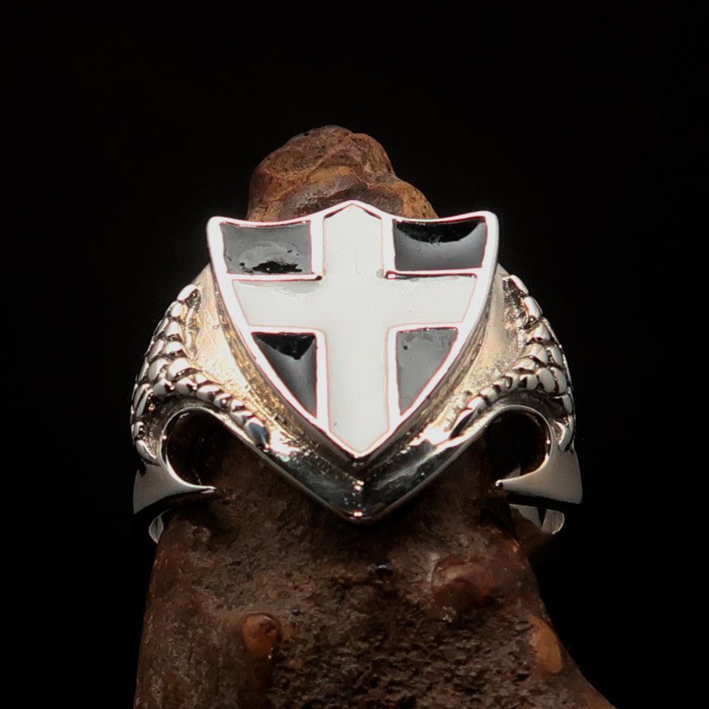 Men's Sterling Silver Shield Ring Flag of Cornwall white Cross on Black