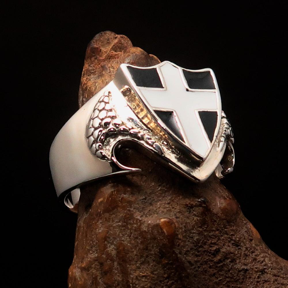 Men's Sterling Silver Shield Ring Flag of Cornwall white Cross on Black