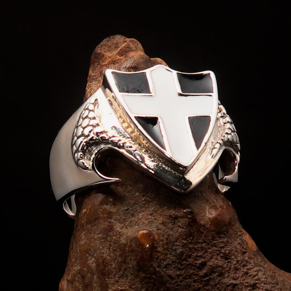 Men's Sterling Silver Shield Ring Flag of Cornwall white Cross on Black