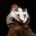 Men's Sterling Silver Shield Ring Flag of Cornwall white Cross on Black