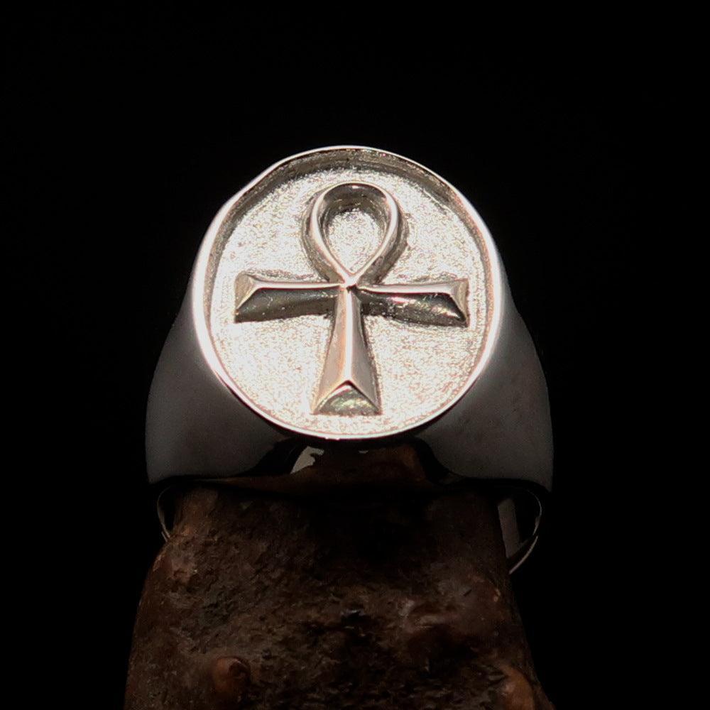 Oval shaped Egyptian Ankh Cross Men's Ring - two tone Sterling Silver