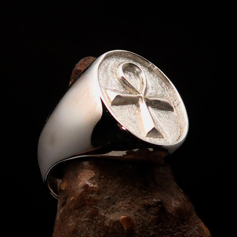 Oval shaped Egyptian Ankh Cross Men's Ring - two tone Sterling Silver
