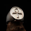 Oval shaped Egyptian Ankh Cross Men's Ring - two tone Sterling Silver