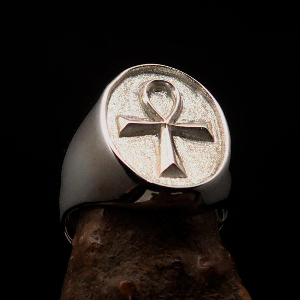 Oval shaped Egyptian Ankh Cross Men's Ring - two tone Sterling Silver