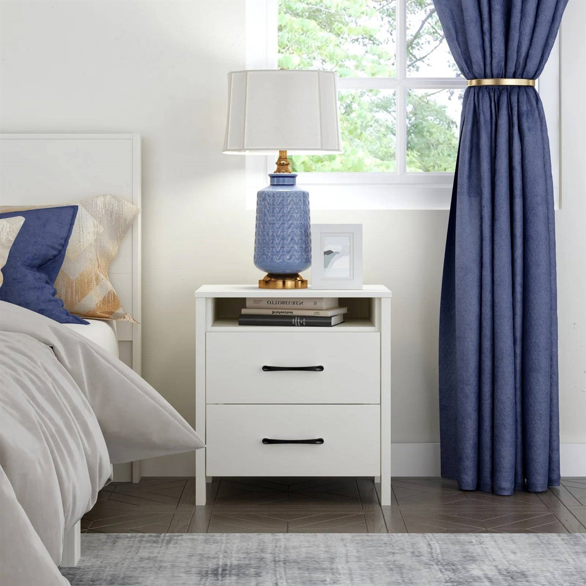 Modern 2-Drawer Nightstand with Open Shelf in Ivory Wood Finish-3