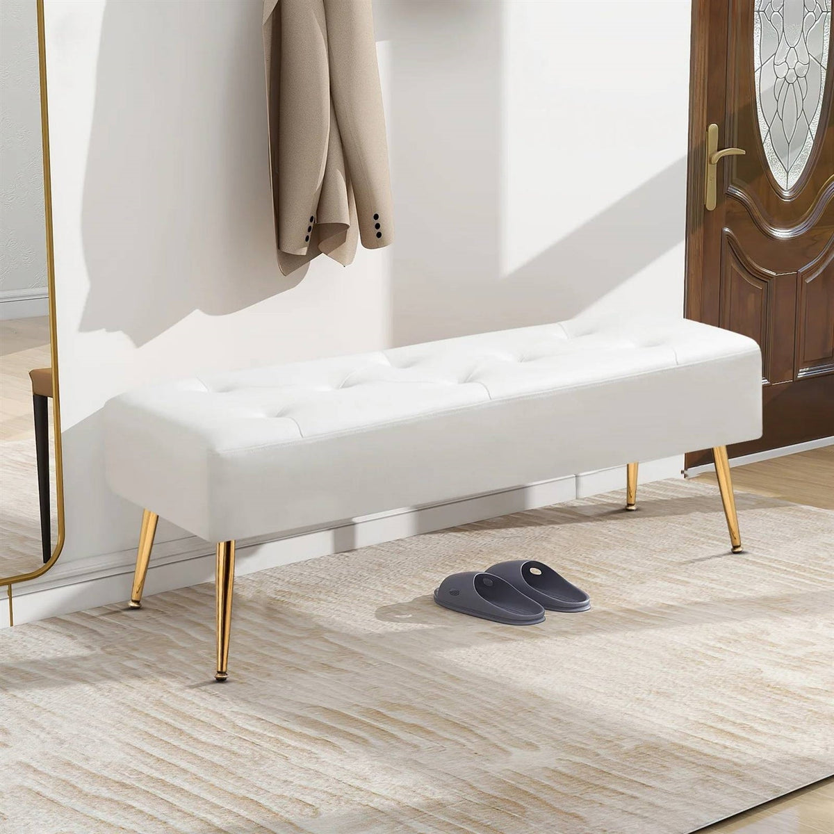 Modern Bed Bench Ottoman with White Ivory PU Leather Seat and Gold Metal Legs-1
