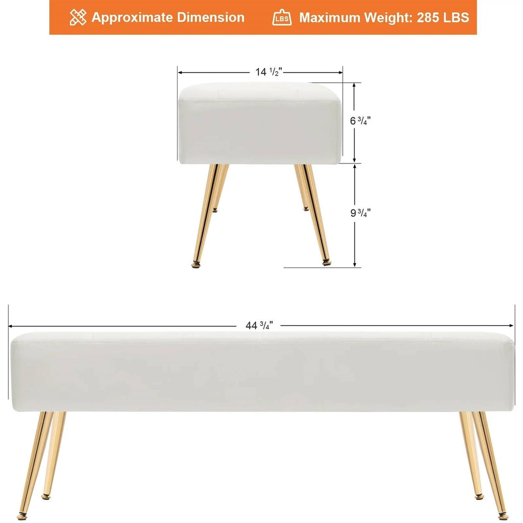 Modern Bed Bench Ottoman with White Ivory PU Leather Seat and Gold Metal Legs-4