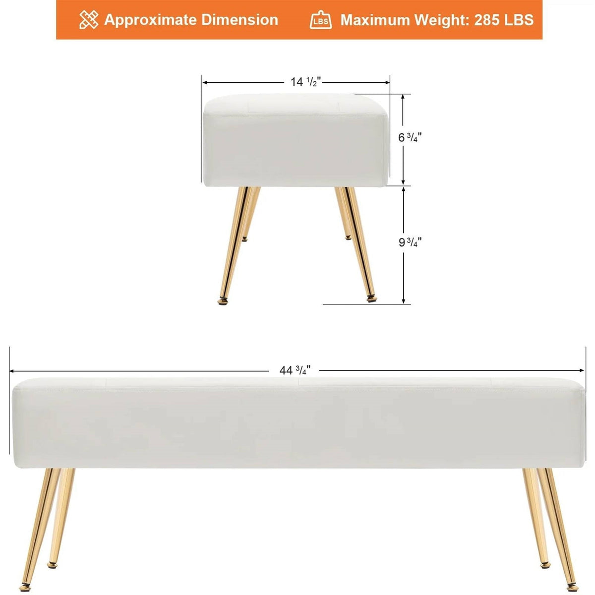 Modern Bed Bench Ottoman with White Ivory PU Leather Seat and Gold Metal Legs-4