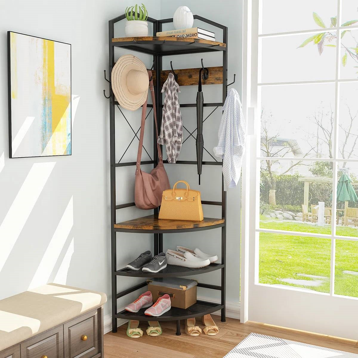 Industrial Metal/Wood Corner Hall Tree Shoe Storage Bench Coat Rack-0