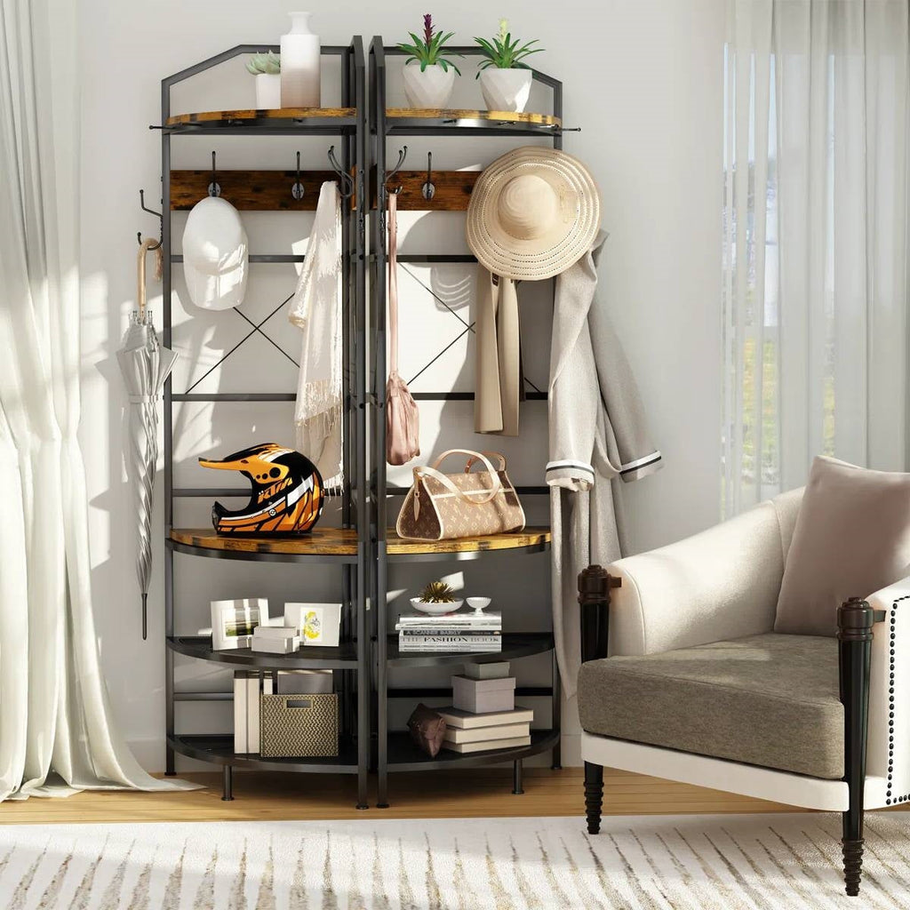 Industrial Metal/Wood Corner Hall Tree Shoe Storage Bench Coat Rack-1