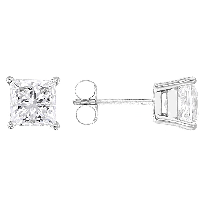 AGI Certified 2.00 CTW Princess Cut Lab Diamond Stud Earrings in 14K Gold Over Sterling Silver-1