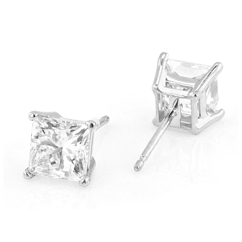 AGI Certified 2.00 CTW Princess Cut Lab Diamond Stud Earrings in 14K Gold Over Sterling Silver-2