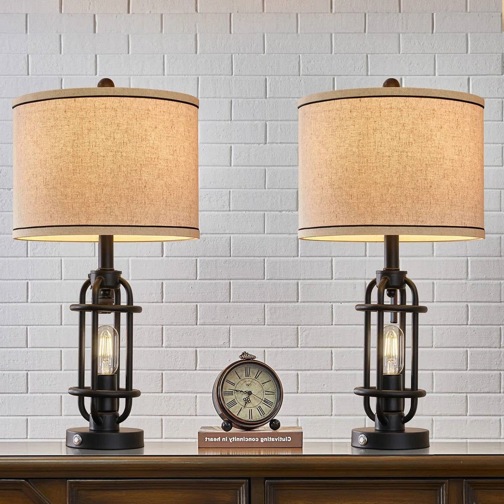 Set of 2 - Farmhouse Dimmable Touch USB Table Lamp with Beige Linen Drum Shade-1
