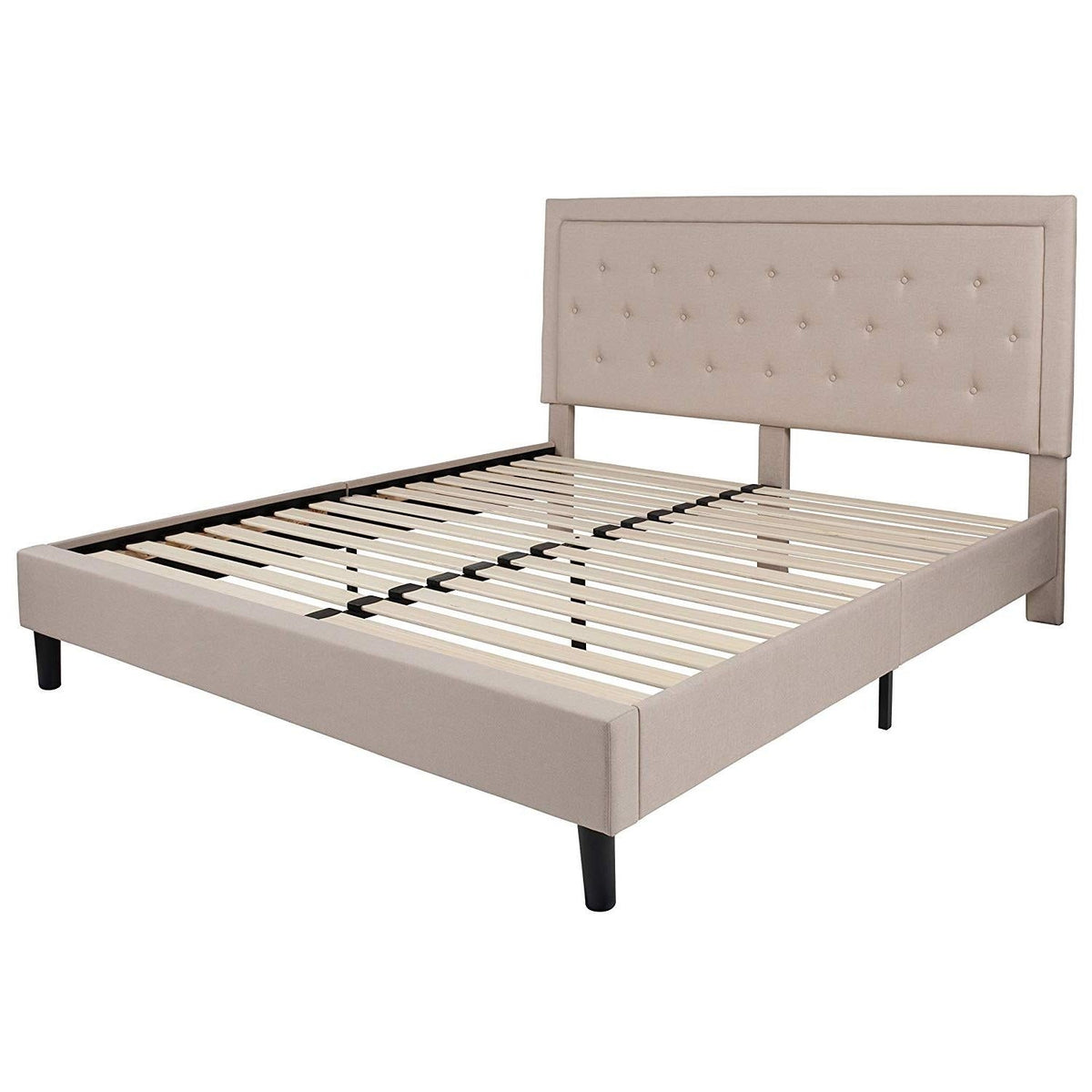 King Beige Upholstered Platform Bed Frame with Button Tufted Headboard-1
