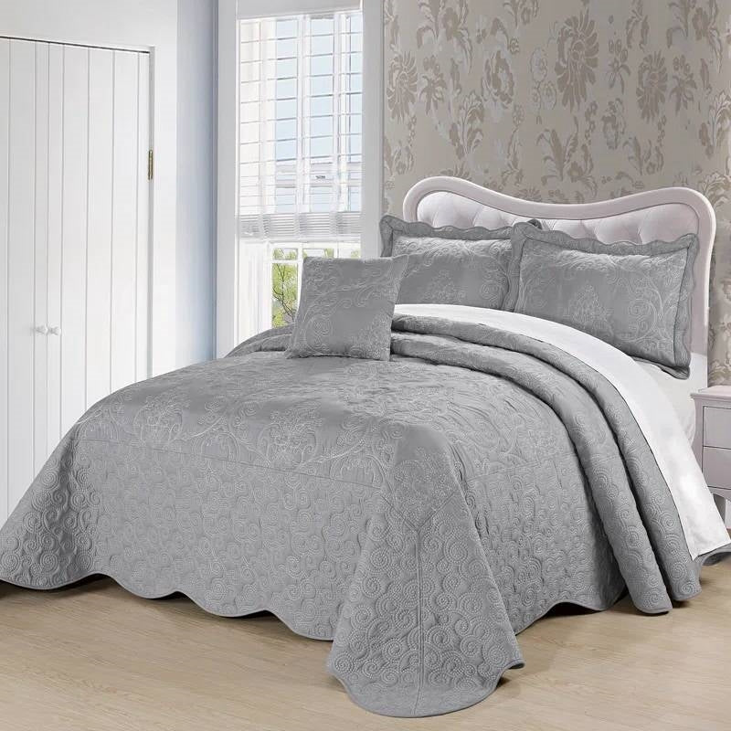 King size Ash Grey Damask Embroidered 4 Piece Oversized Bedspread Set-0