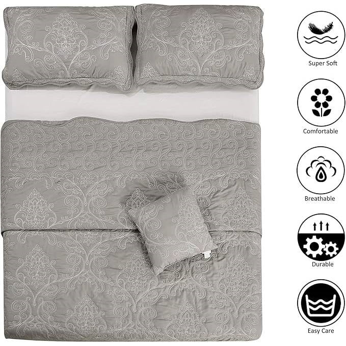 King size Ash Grey Damask Embroidered 4 Piece Oversized Bedspread Set-4