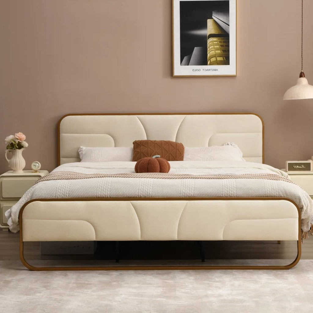 King Beige Upholstered Headboard Footboard Platform Bed with Gold Metal Frame-0