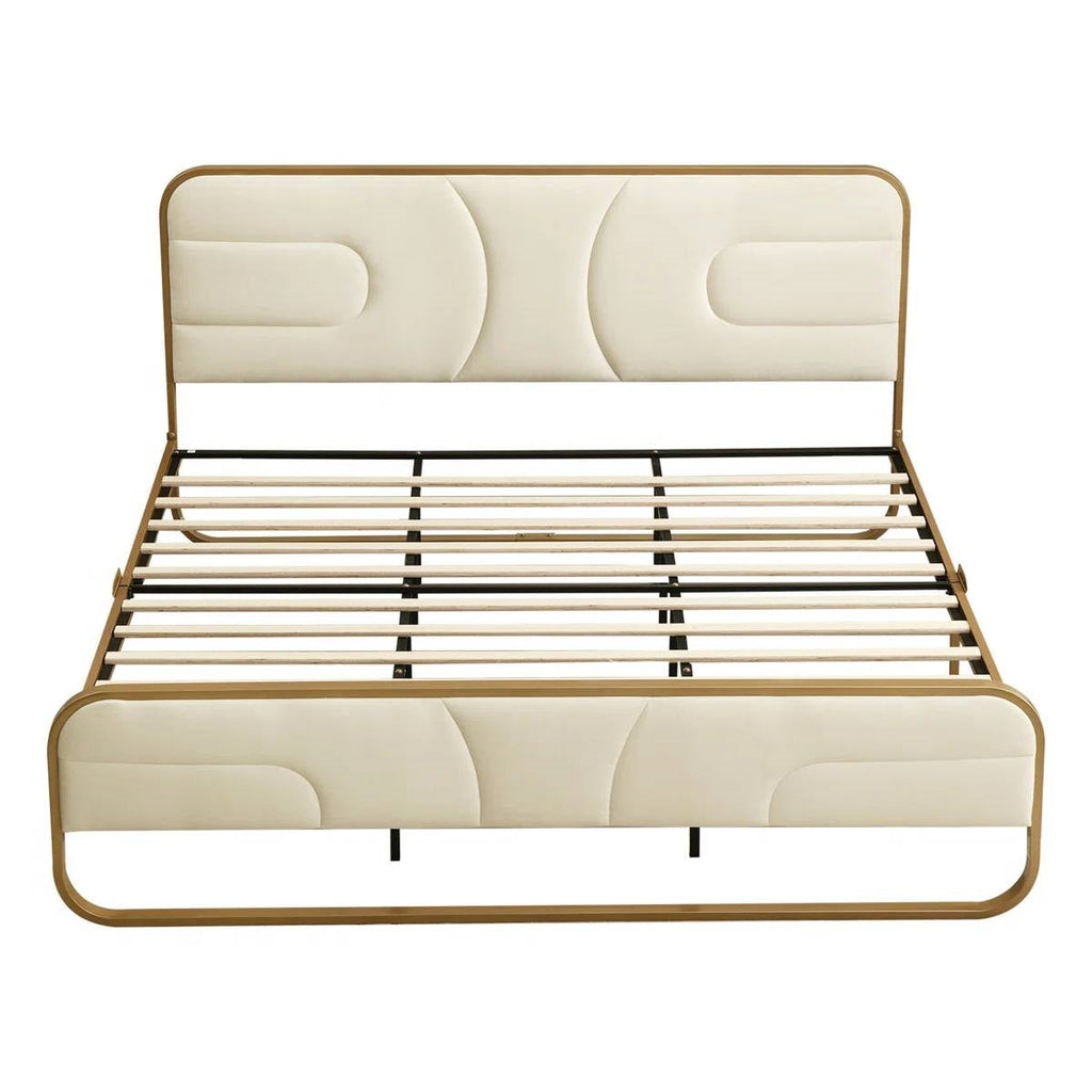 King Beige Upholstered Headboard Footboard Platform Bed with Gold Metal Frame-3