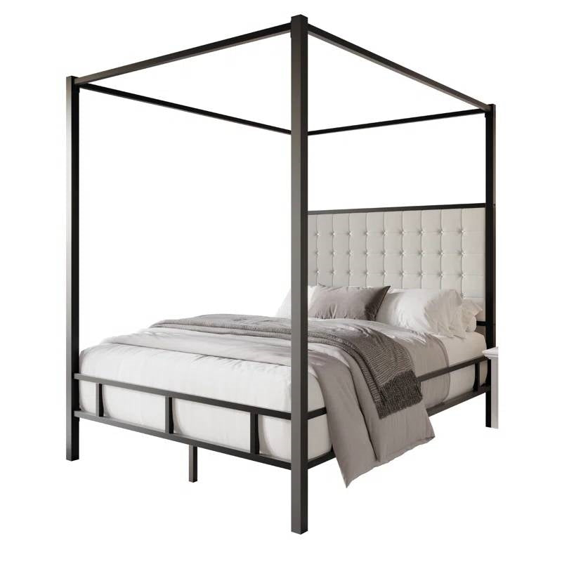 King size Black Metal Canopy Bed with Upholstered Button-Tufted Headboard-0