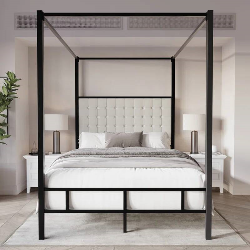 King size Black Metal Canopy Bed with Upholstered Button-Tufted Headboard-1