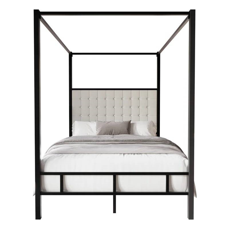King size Black Metal Canopy Bed with Upholstered Button-Tufted Headboard-2