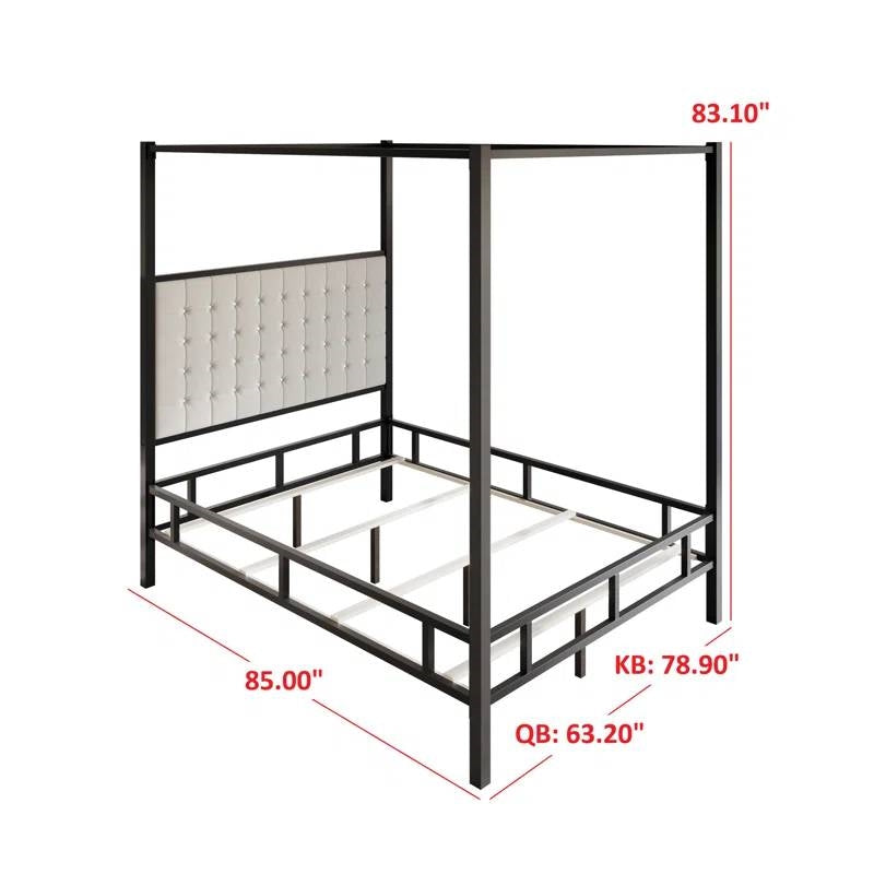 King size Black Metal Canopy Bed with Upholstered Button-Tufted Headboard-4