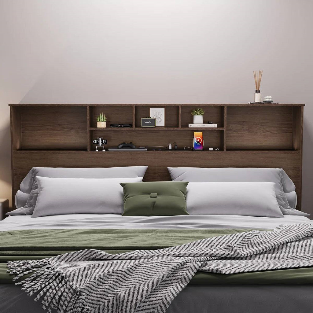 King size Bookcase Headboard in Brown Wood Finish with LED Lights-0
