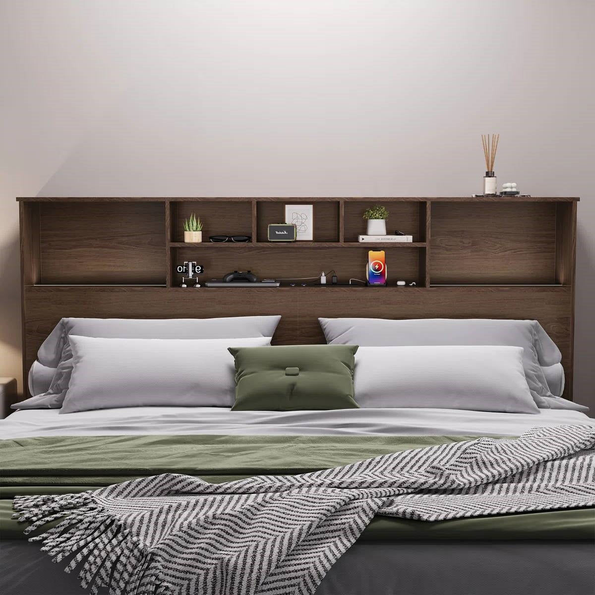 King size Bookcase Headboard in Brown Wood Finish with LED Lights-0