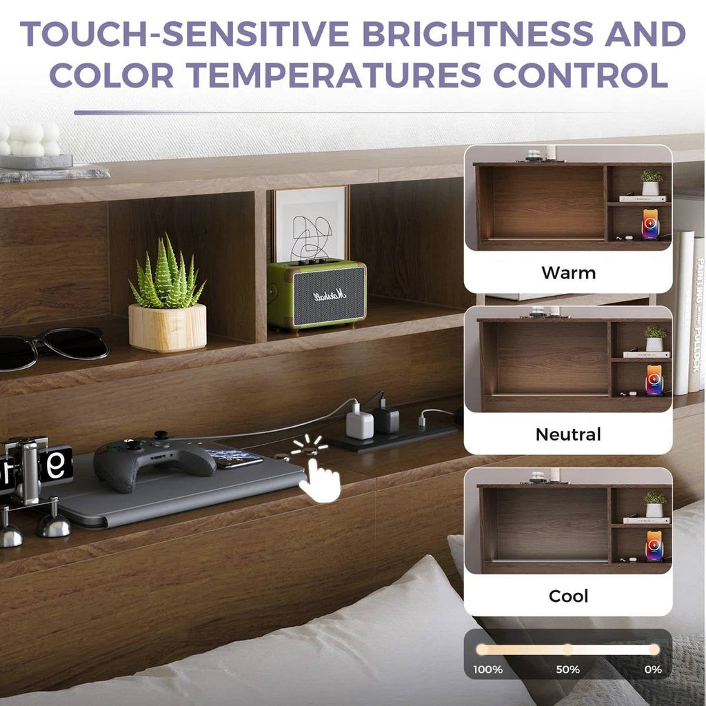 King size Bookcase Headboard in Brown Wood Finish with LED Lights-3
