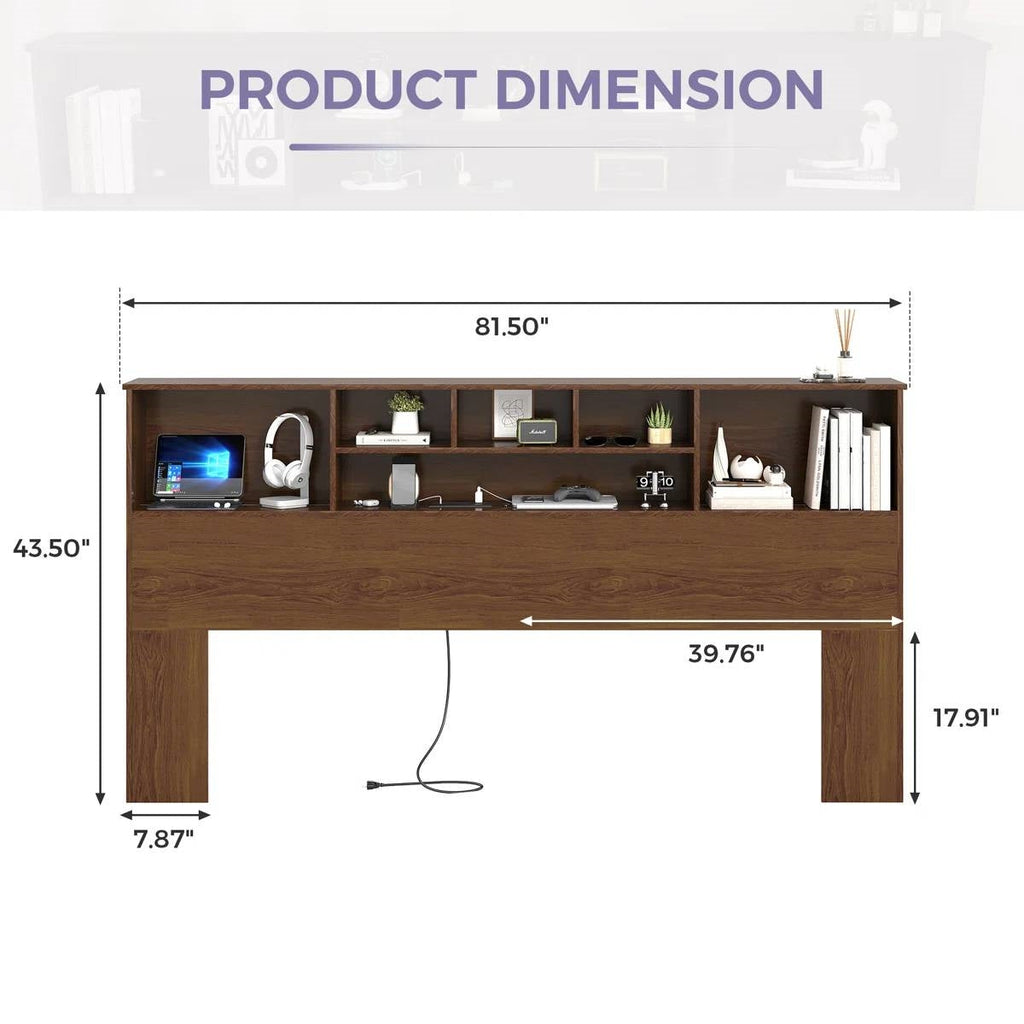 King size Bookcase Headboard in Brown Wood Finish with LED Lights-4
