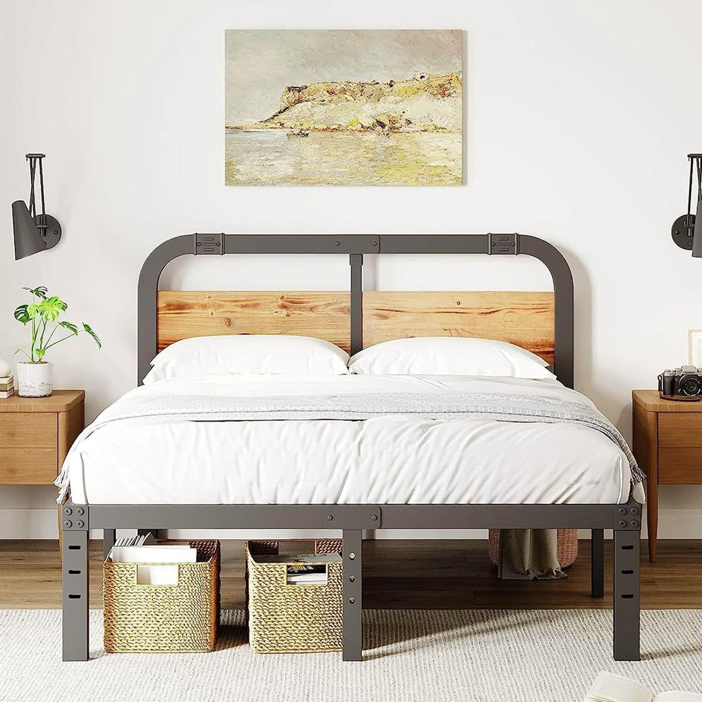 King Heavy Duty Black Metal Bed Frame with Solid Wood Panel Headboard-0