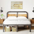 King Heavy Duty Black Metal Bed Frame with Solid Wood Panel Headboard-0