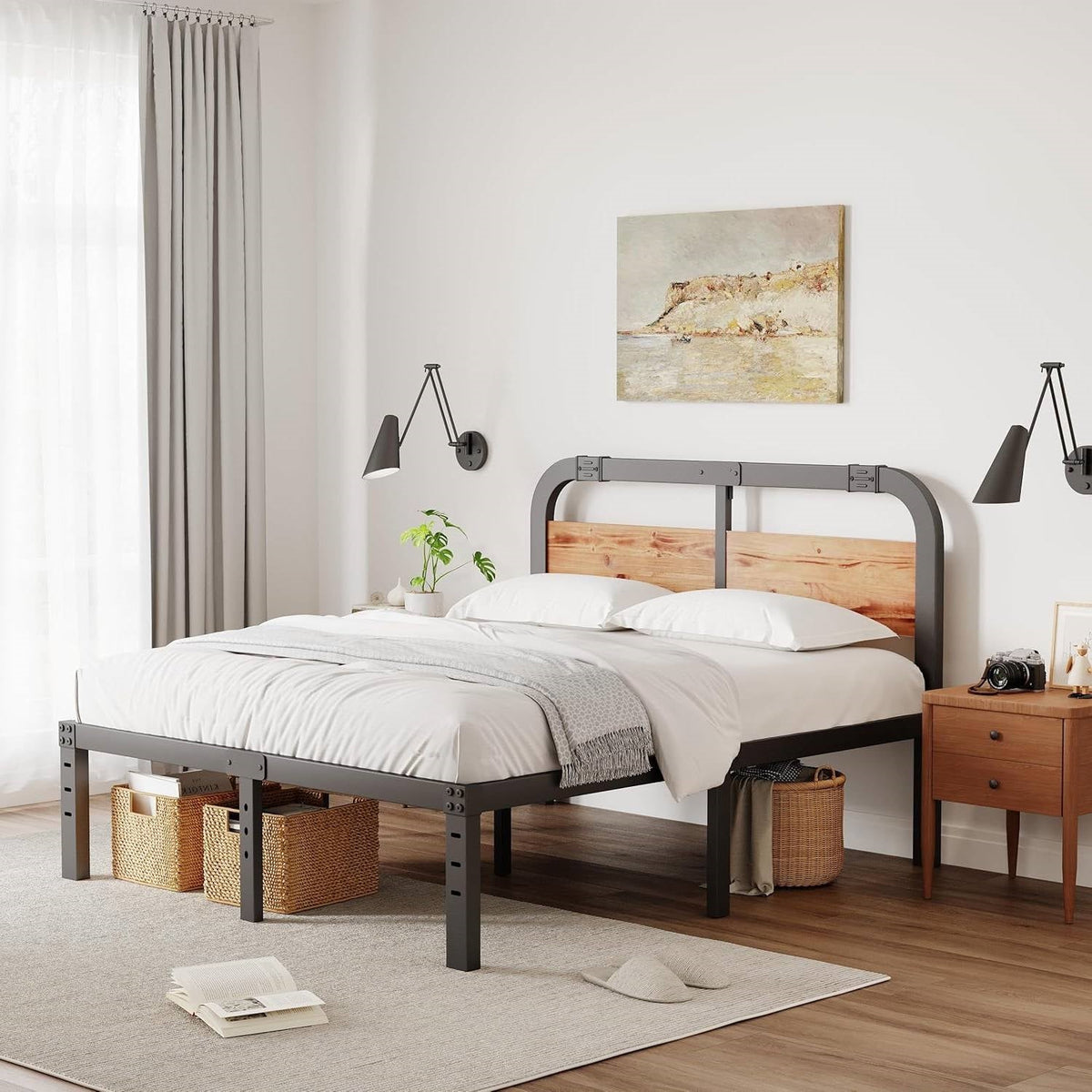 King Heavy Duty Black Metal Bed Frame with Solid Wood Panel Headboard-1
