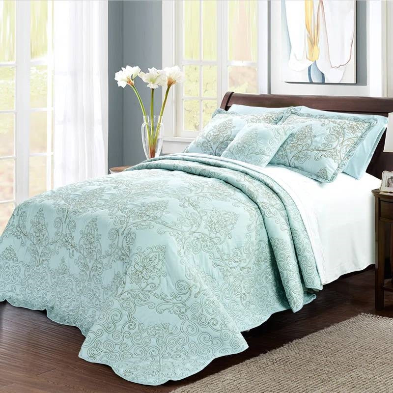 King size Light Blue Damask Embroidered 4 Piece Oversized Bedspread Set-0