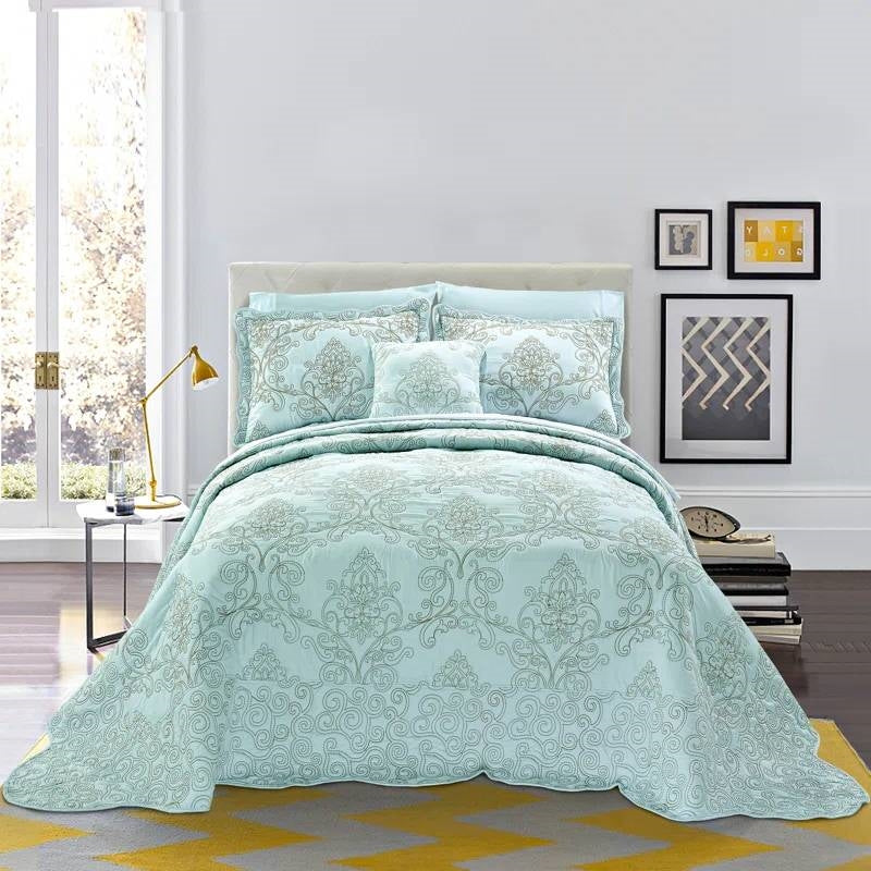 King size Light Blue Damask Embroidered 4 Piece Oversized Bedspread Set-1