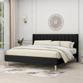 King size Mid-Century Black Linen Platform Bed Frame with Upholstered Headboard-0