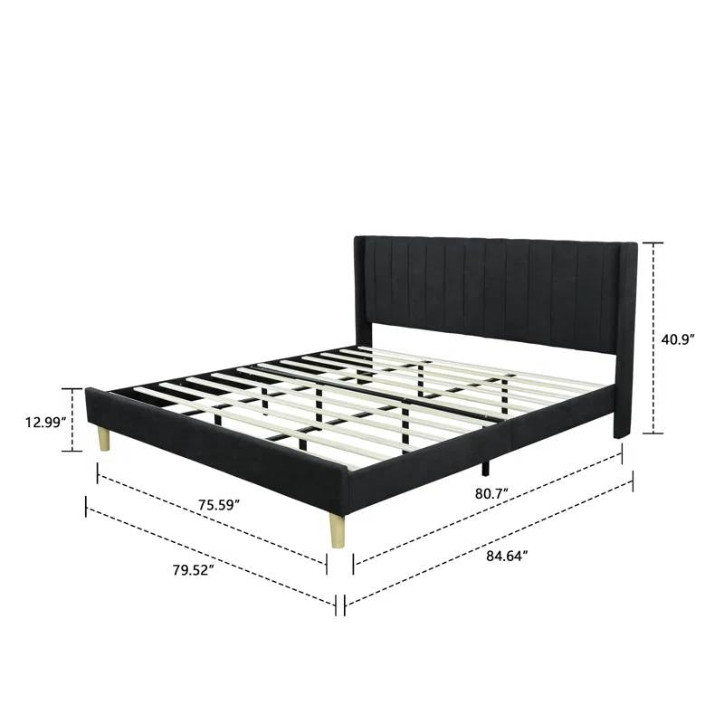 King size Mid-Century Black Linen Platform Bed Frame with Upholstered Headboard-2