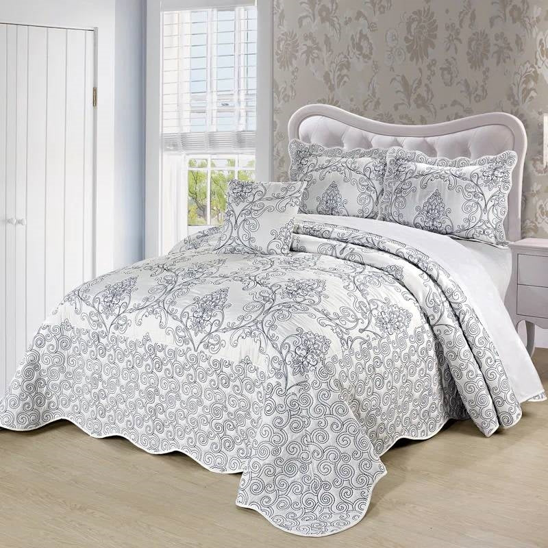 King size White Damask Embroidered 4 Piece Oversized Bedspread Set-0