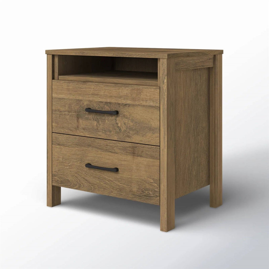 Modern Farmhouse 2-Drawer Nightstand Bedside Table in Brown Oak Wood Finish-3