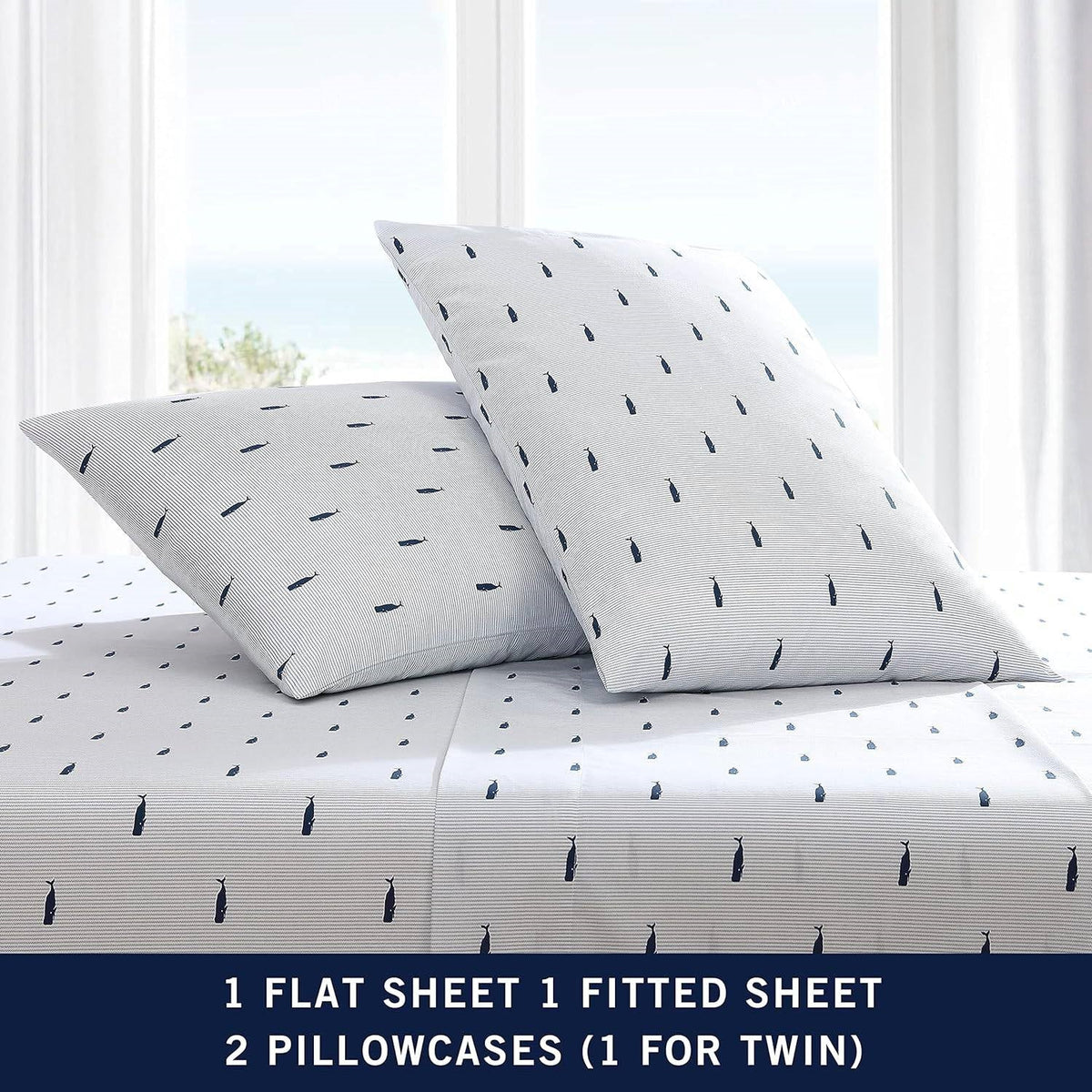 King size Coastal Beach 100-Percent Cotton Navy Blue White Stripe Sheet Set-4