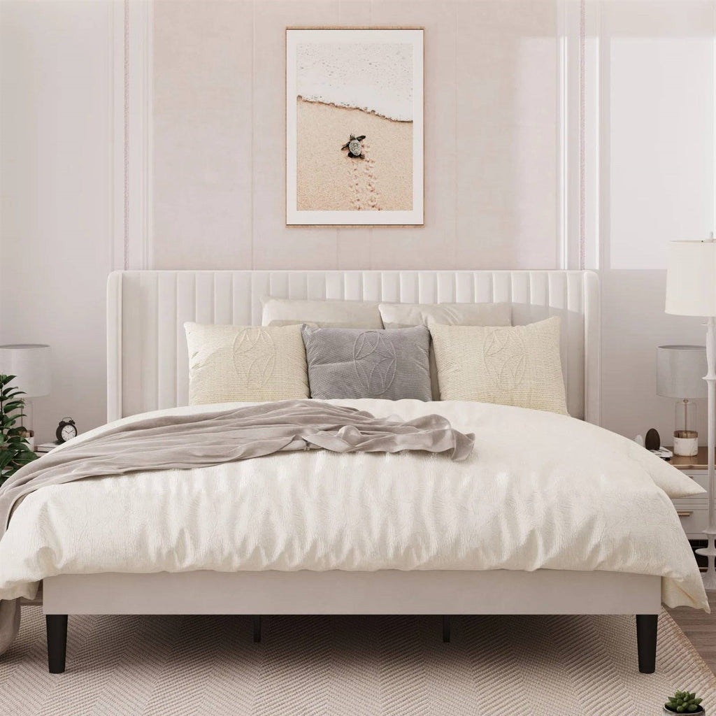King size White Velvet Upholstered Platform Bed Frame with Wingback Headboard-1
