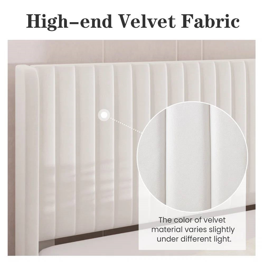 King size White Velvet Upholstered Platform Bed Frame with Wingback Headboard-3