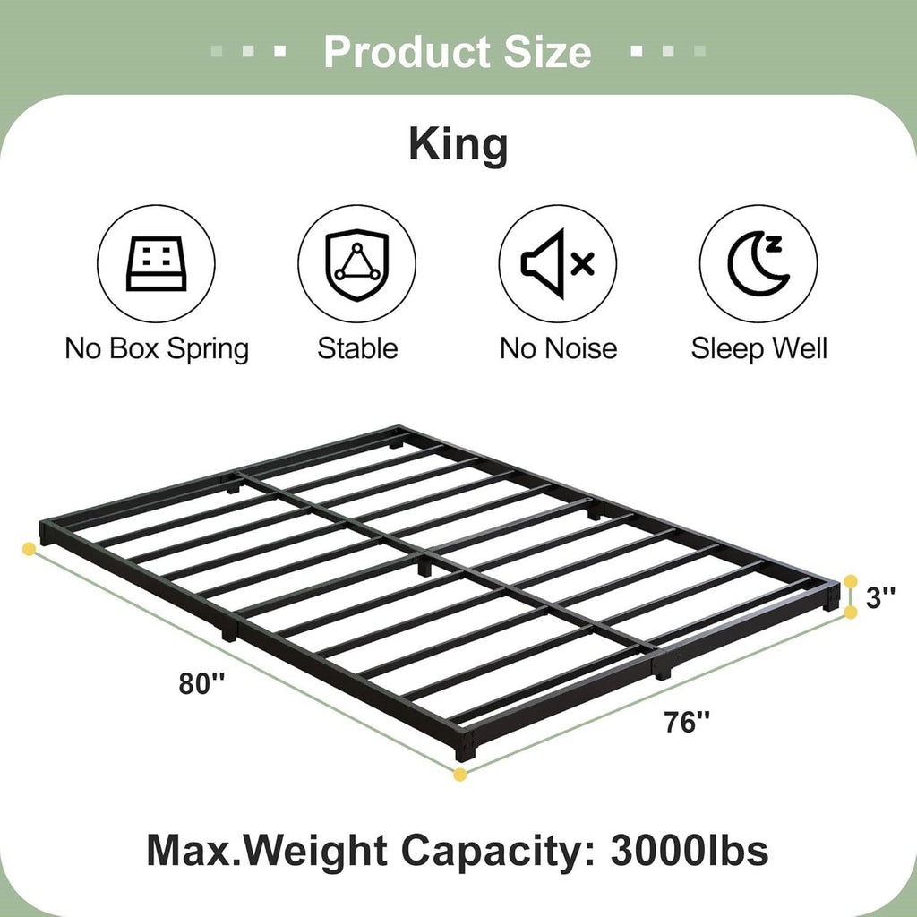 King size 3-inch Low Profile Heavy Duty Metal Bed Frame in Matte Black-4
