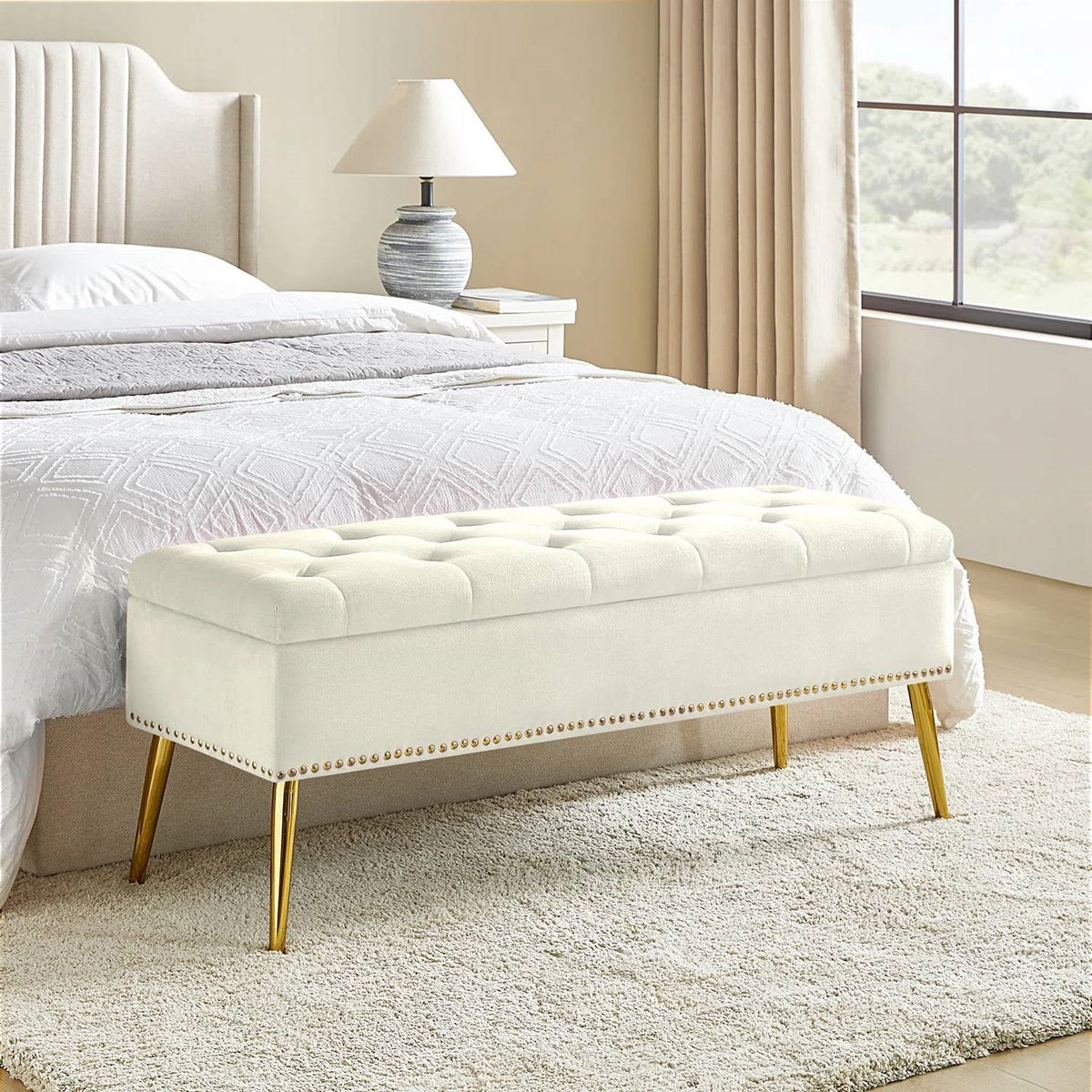 Mid-Century Modern Bed Storage Bench with Ivory Velvet Seat and Gold Legs-0
